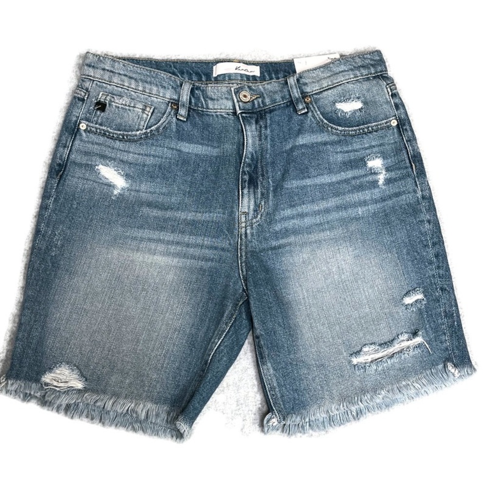 Women’s Kancan High rise 100% cotton size 9/28 fray hem Bermudas medium blue